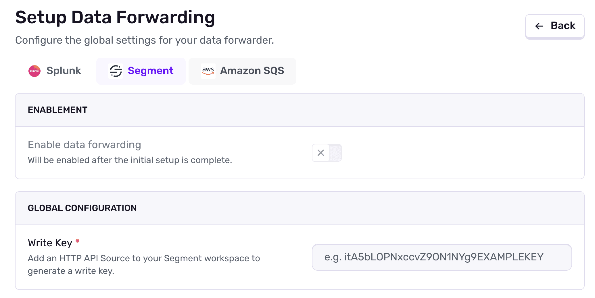 Segment data forwarder configuration form